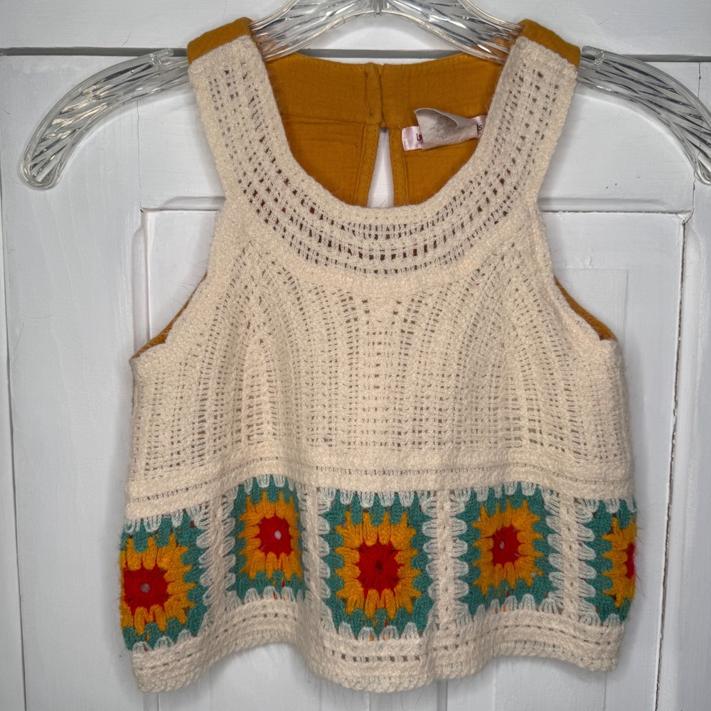 Love Squared Girls Sz 10 Crochet Lace Granny Square Boho Tank Top Mustard Yellow